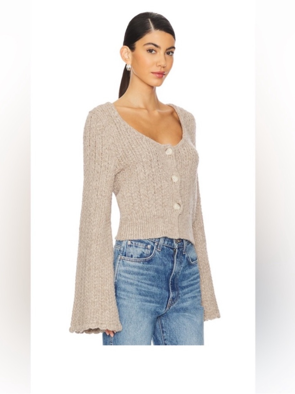 Nation LTD Beige Scoop-Neck Bell Sleeve Cropped Cardigan